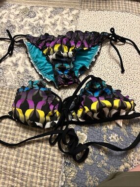 Hurley Multicolor Ruffle Tie-Side Bikini Set in Purple, Teal, Yellow & Black